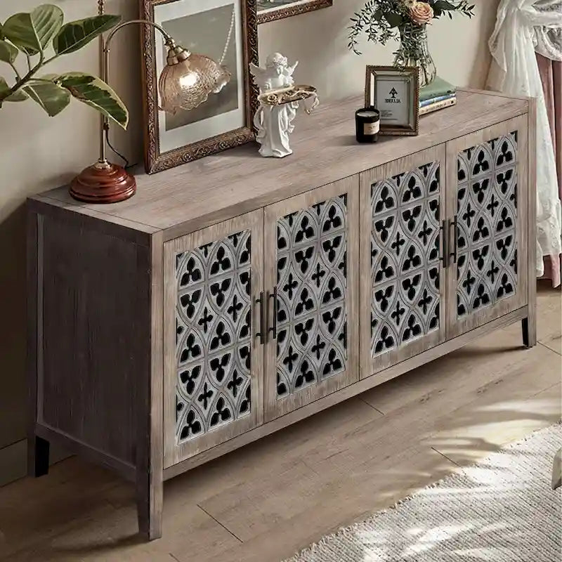 4-Door Antique Storage Cabinet with Hollow Carved Doors