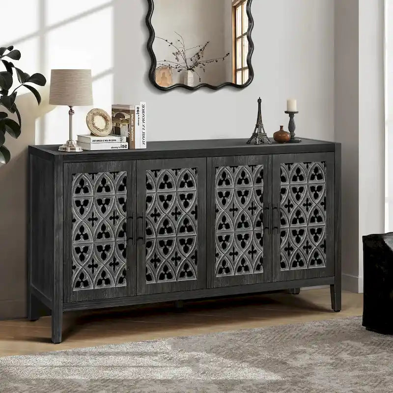 4-Door Antique Storage Cabinet with Hollow Carved Doors