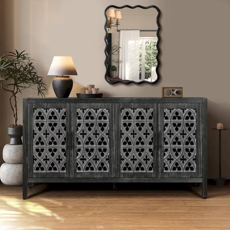 4-Door Antique Storage Cabinet with Hollow Carved Doors