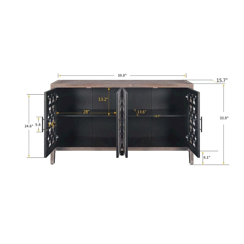 4-Door Antique Storage Cabinet with Hollow Carved Doors