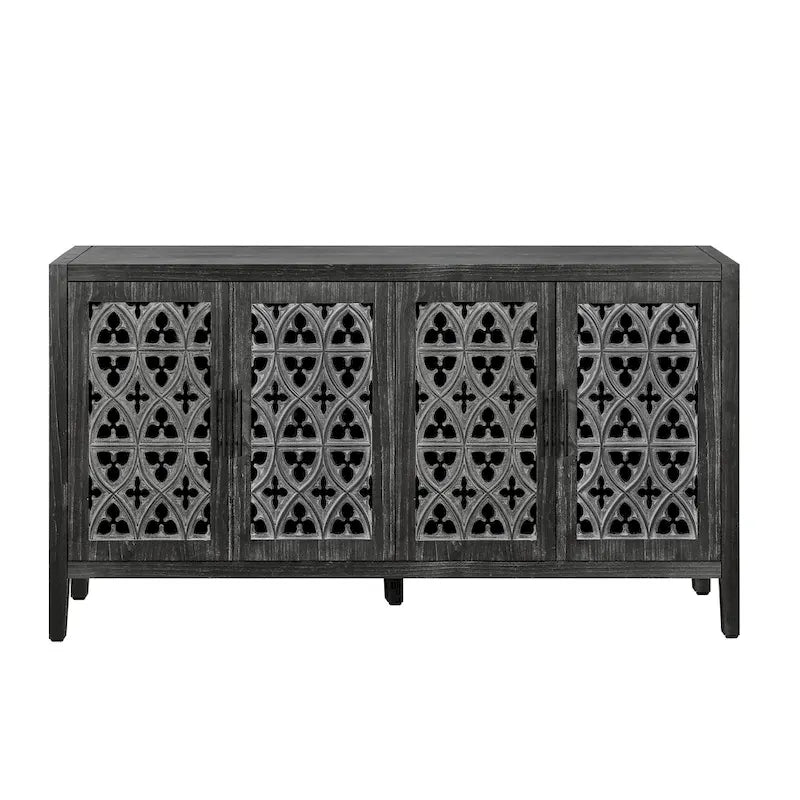 4-Door Antique Storage Cabinet with Hollow Carved Doors
