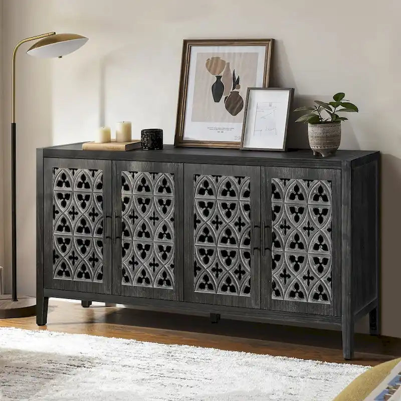 4-Door Antique Storage Cabinet with Hollow Carved Doors