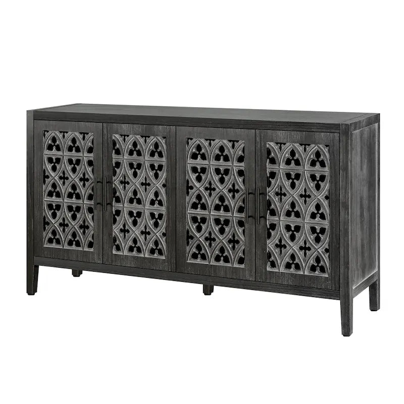 4-Door Antique Storage Cabinet with Hollow Carved Doors