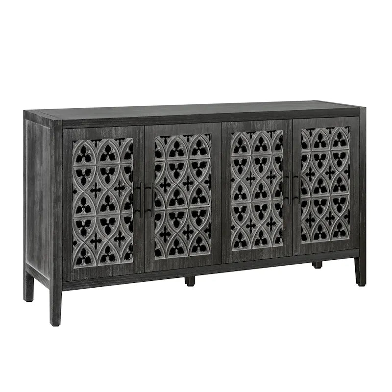 4-Door Antique Storage Cabinet with Hollow Carved Doors