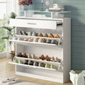 Entryway Shoe Storage Cabinet with Flip Drawers and Glass Top