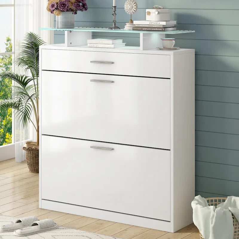 Entryway Shoe Storage Cabinet with Flip Drawers and Glass Top