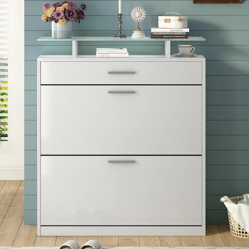 Entryway Shoe Storage Cabinet with Flip Drawers and Glass Top
