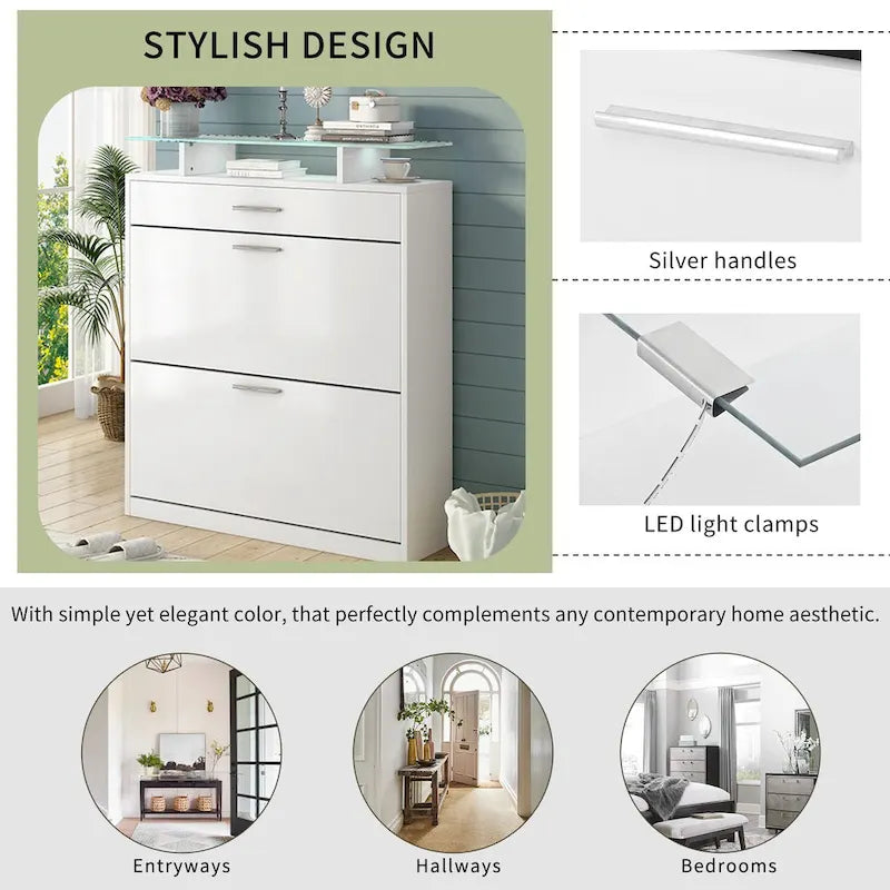 Entryway Shoe Storage Cabinet with Flip Drawers and Glass Top