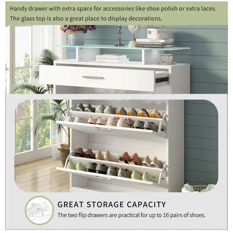 Entryway Shoe Storage Cabinet with Flip Drawers and Glass Top