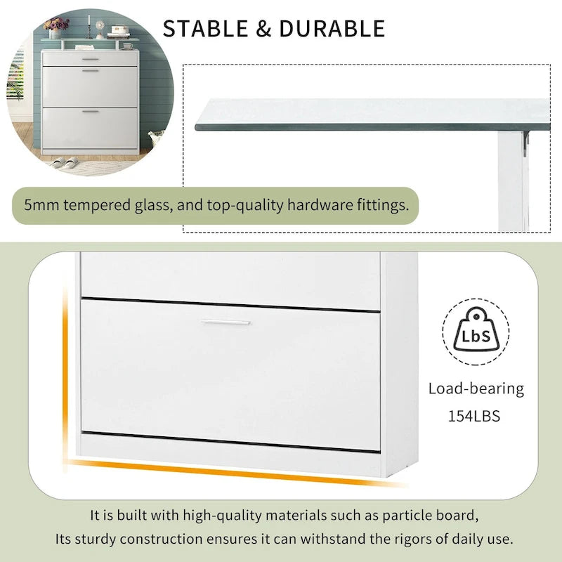 Entryway Shoe Storage Cabinet with Flip Drawers and Glass Top