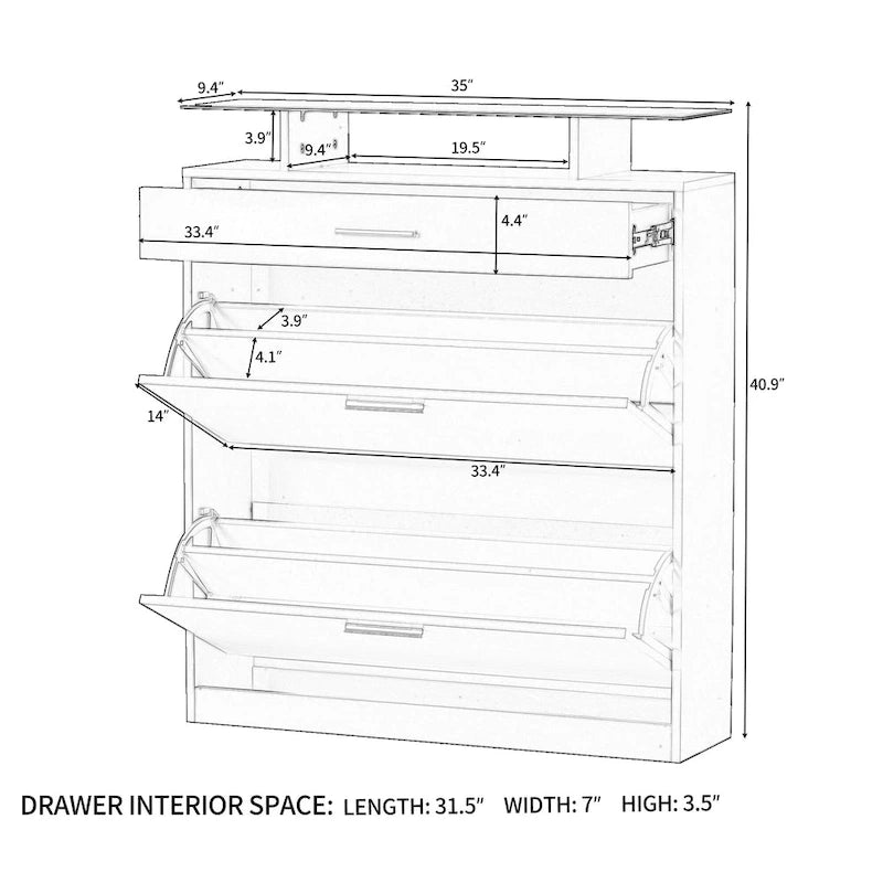 Entryway Shoe Storage Cabinet with Flip Drawers and Glass Top