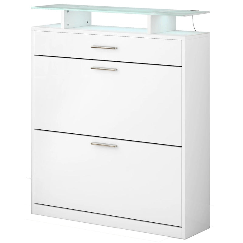 Entryway Shoe Storage Cabinet with Flip Drawers and Glass Top