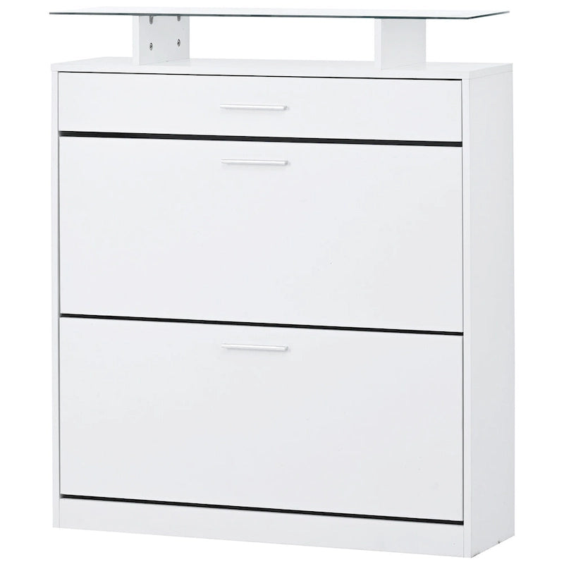 Entryway Shoe Storage Cabinet with Flip Drawers and Glass Top