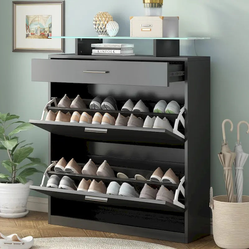 Entryway Shoe Storage Cabinet with Flip Drawers and Glass Top