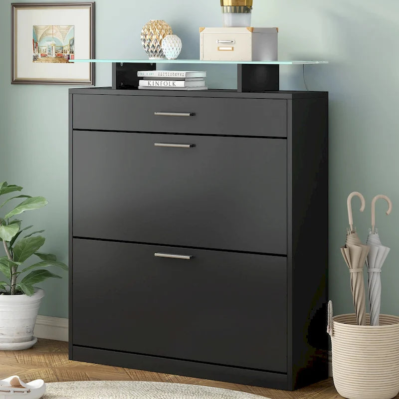 Entryway Shoe Storage Cabinet with Flip Drawers and Glass Top