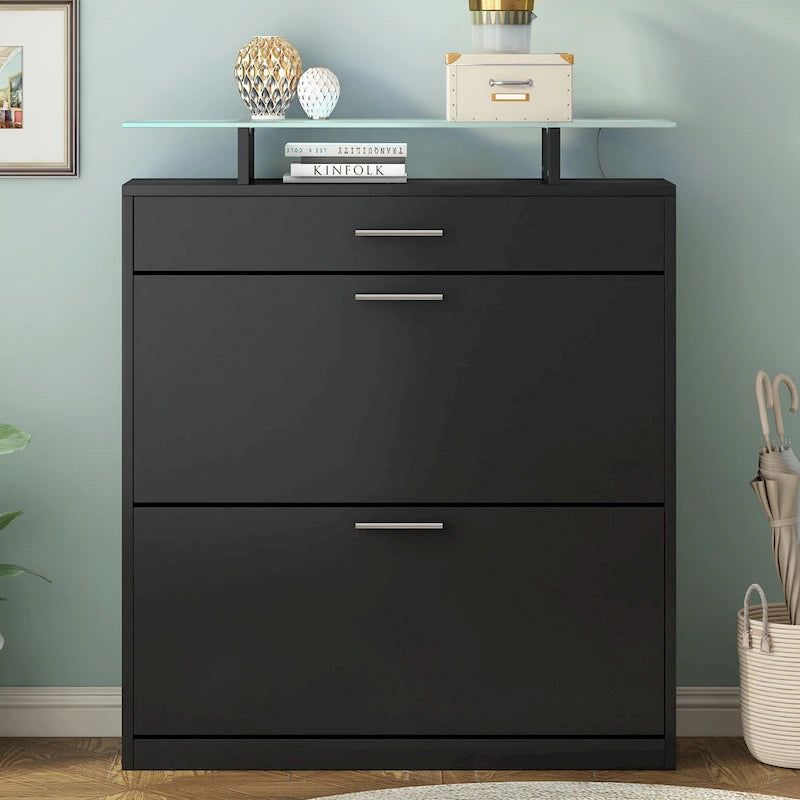 Entryway Shoe Storage Cabinet with Flip Drawers and Glass Top