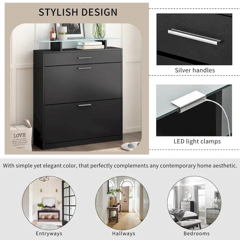 Entryway Shoe Storage Cabinet with Flip Drawers and Glass Top