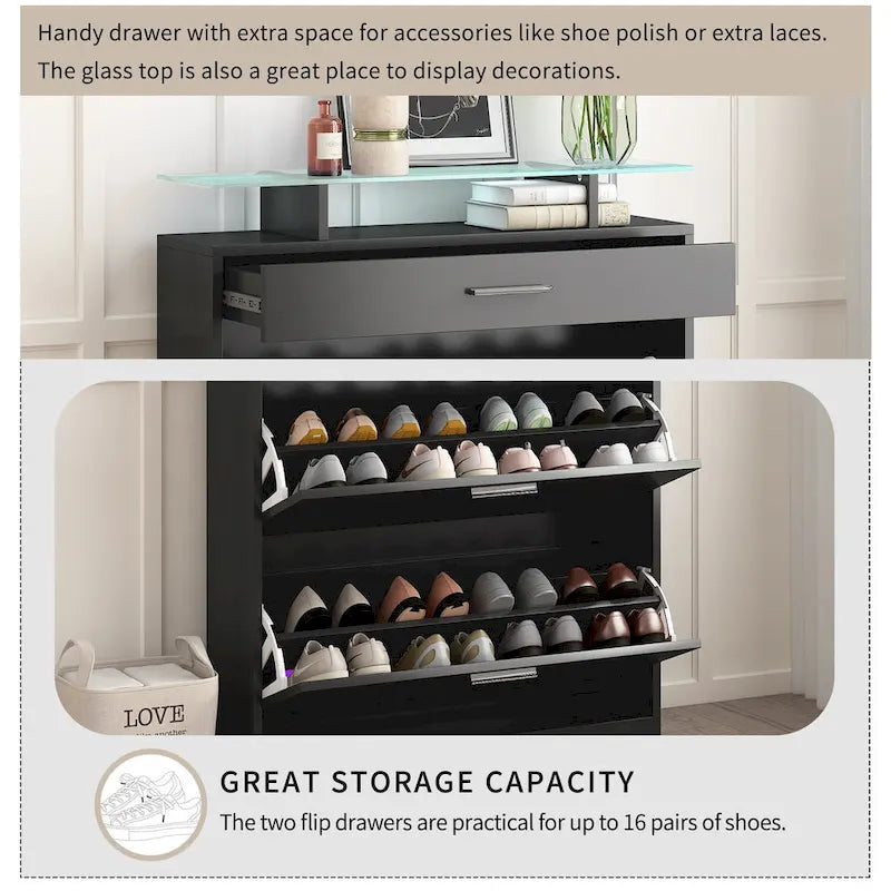 Entryway Shoe Storage Cabinet with Flip Drawers and Glass Top
