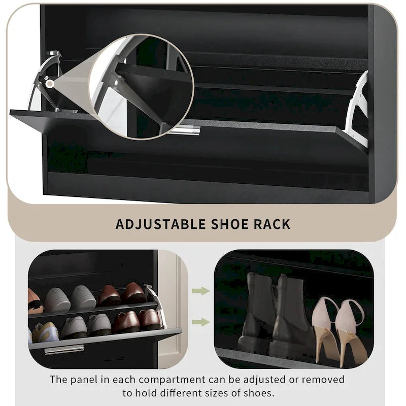 Entryway Shoe Storage Cabinet with Flip Drawers and Glass Top