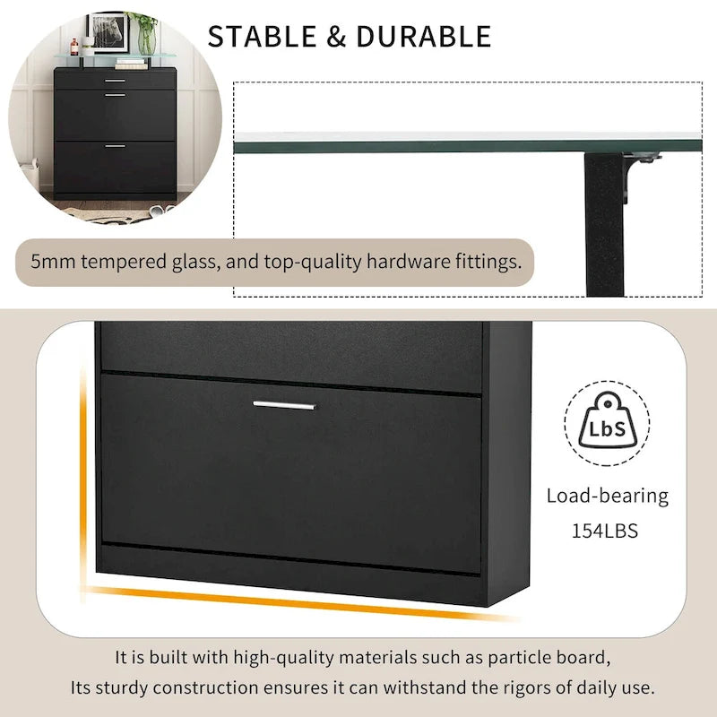 Entryway Shoe Storage Cabinet with Flip Drawers and Glass Top