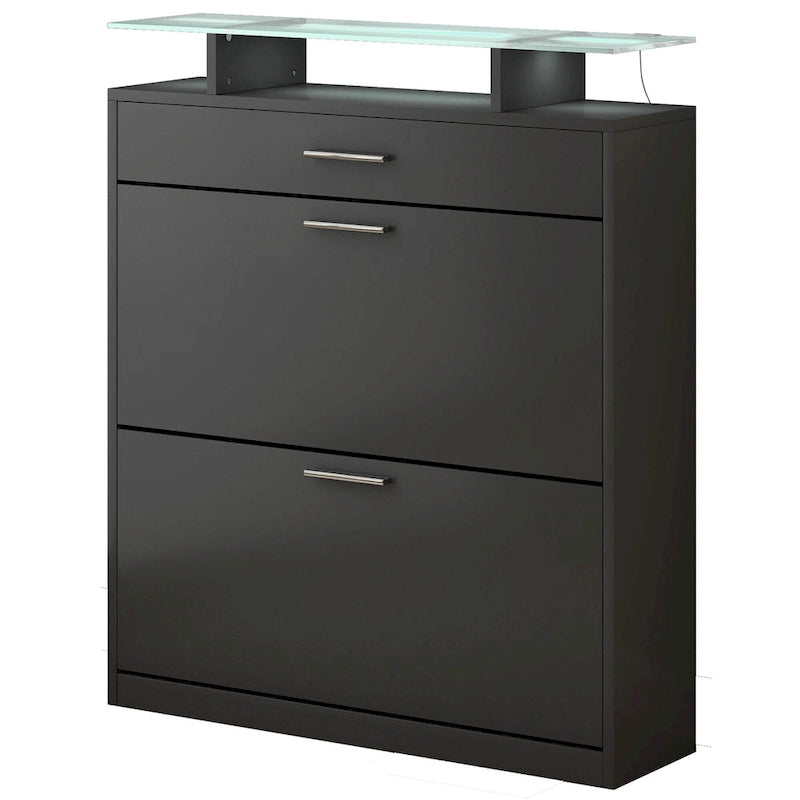 Entryway Shoe Storage Cabinet with Flip Drawers and Glass Top
