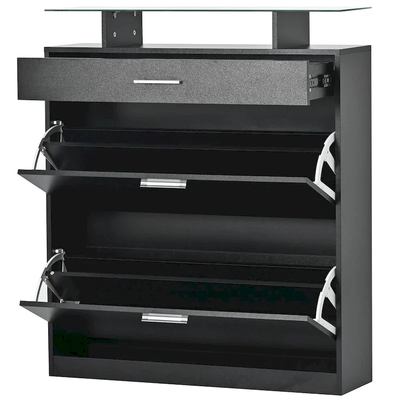 Entryway Shoe Storage Cabinet with Flip Drawers and Glass Top