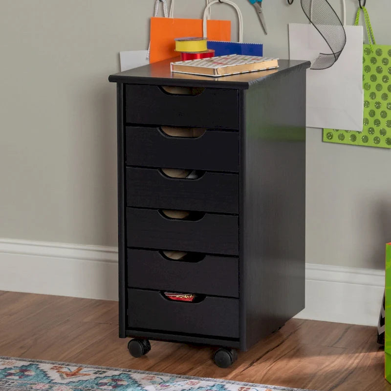 26" Black Rolling Storage Cabinet with 6 Drawers