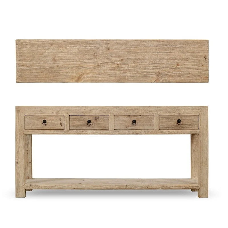 70" Sideboard with 4 Drawers – Weathered Natural Pinewood Solid Top