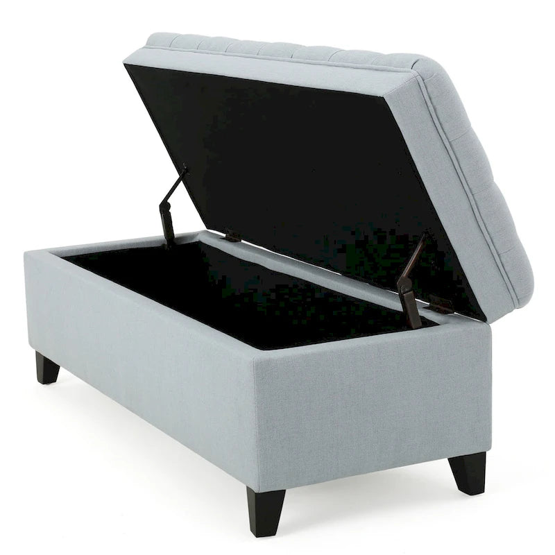 Storage Ottoman Bench, Light Blue Fabric, Black Wood, 50 Inch