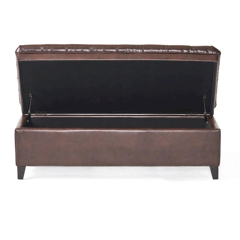 Storage Ottoman Bench, Brown Faux Leather, Black Wood, 50 Inch