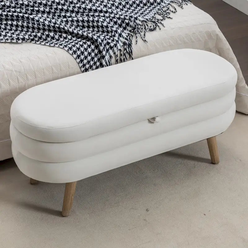 Banc de rangement en velours avec pieds en bois