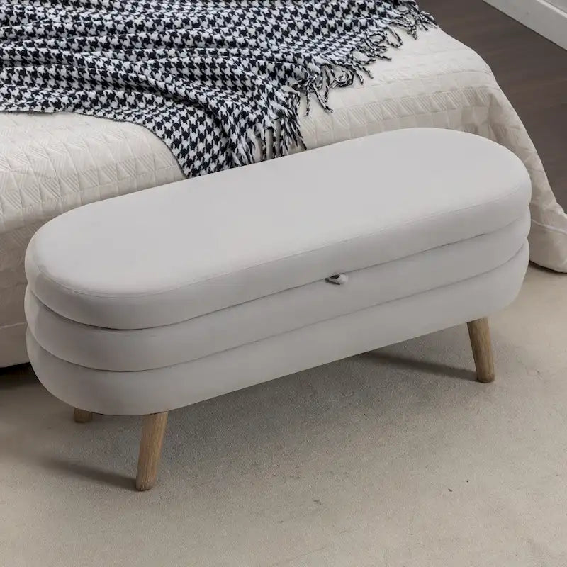 Banc de rangement en velours avec pieds en bois