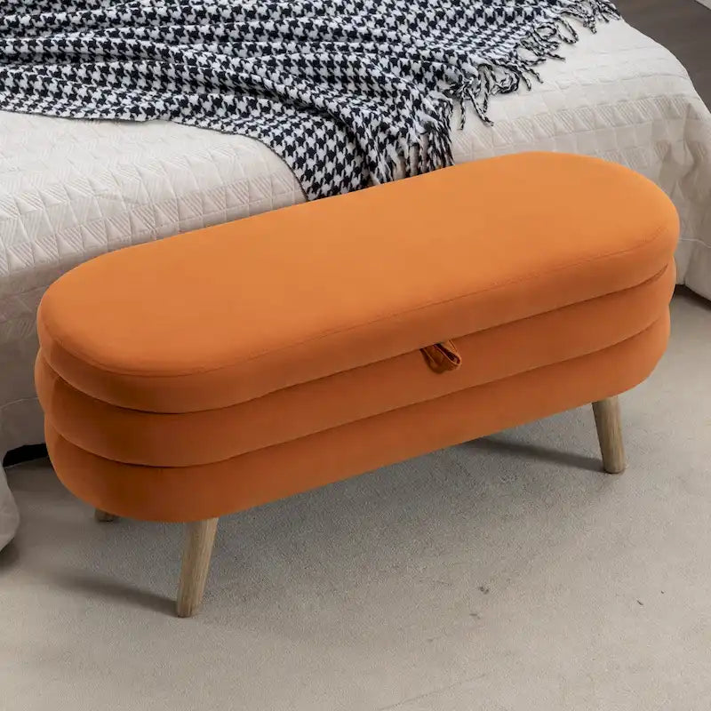 Banc de rangement en velours avec pieds en bois