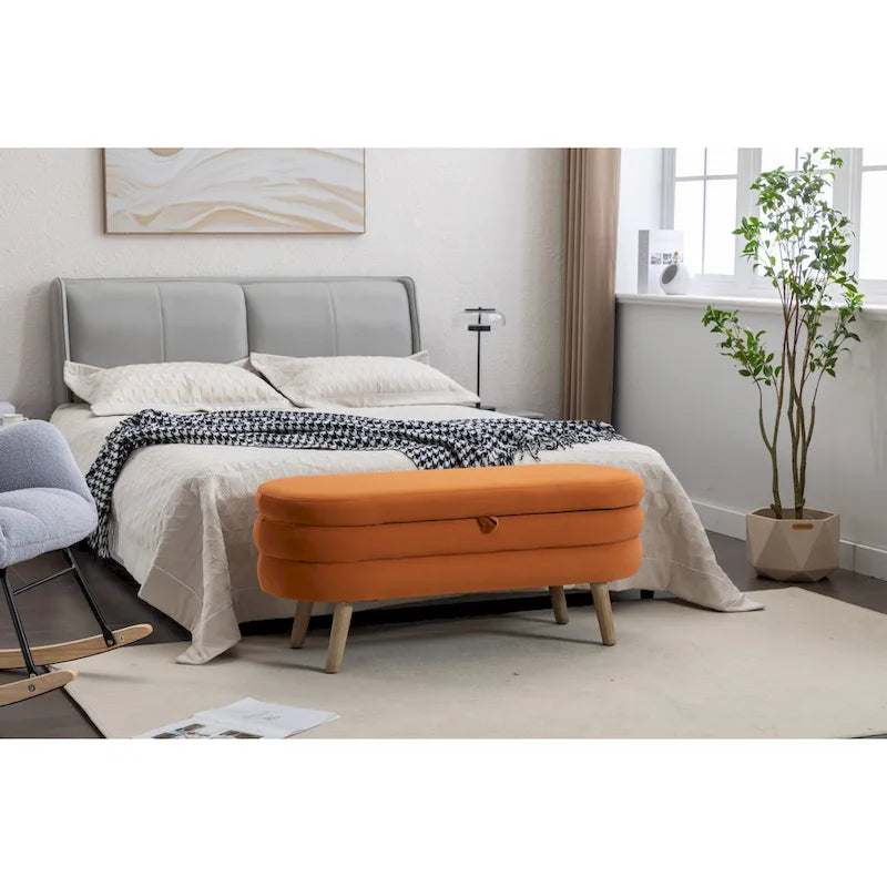 Velvet Fabric Storage Bench with Wood Legs
