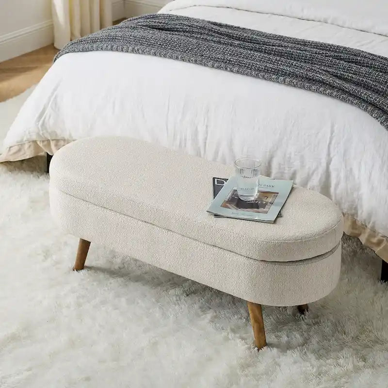 Oval Storage Bench with Rubber Wood Legs – Beige