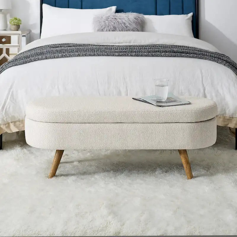 Oval Storage Bench with Rubber Wood Legs – Beige