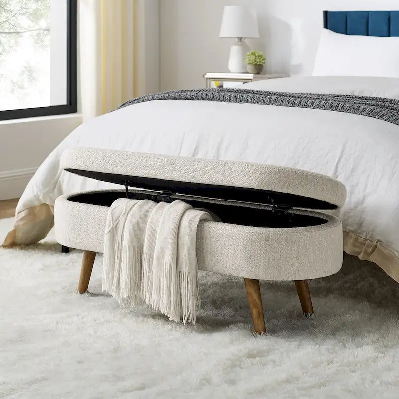 Oval Storage Bench with Rubber Wood Legs – Beige