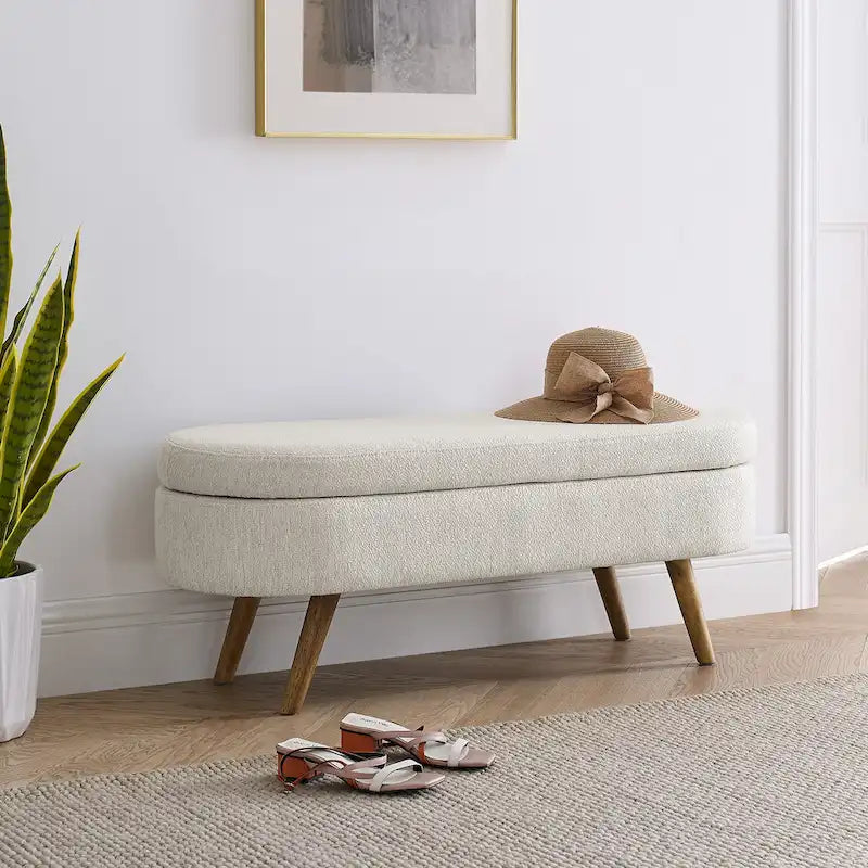 Oval Storage Bench with Rubber Wood Legs – Beige