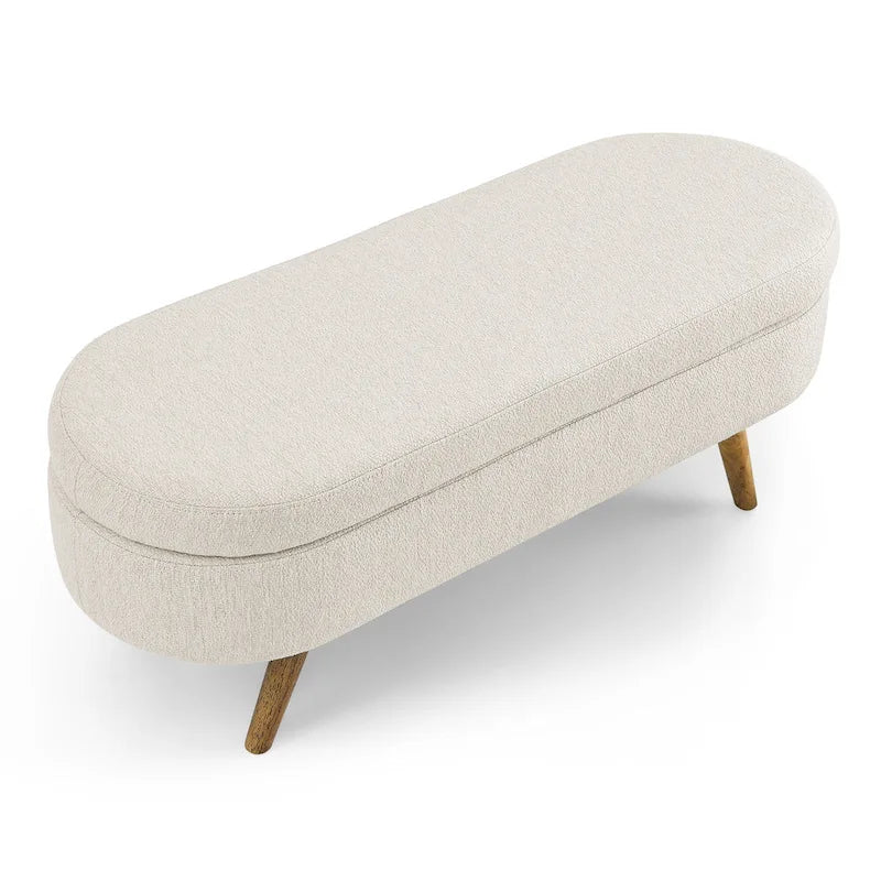 Oval Storage Bench with Rubber Wood Legs – Beige