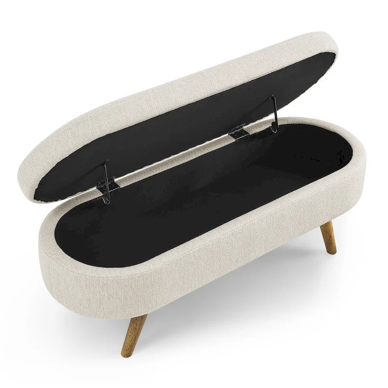 Oval Storage Bench with Rubber Wood Legs – Beige