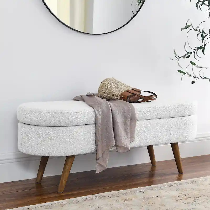 Oval Storage Bench with Rubber Wood Legs – Beige