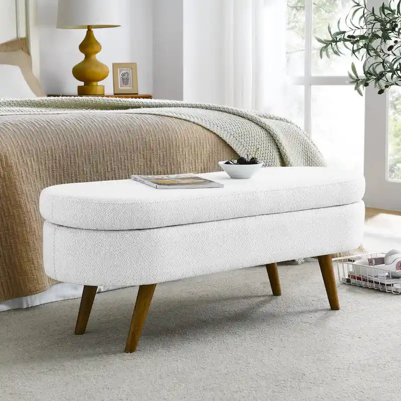 Oval Storage Bench with Rubber Wood Legs – Beige