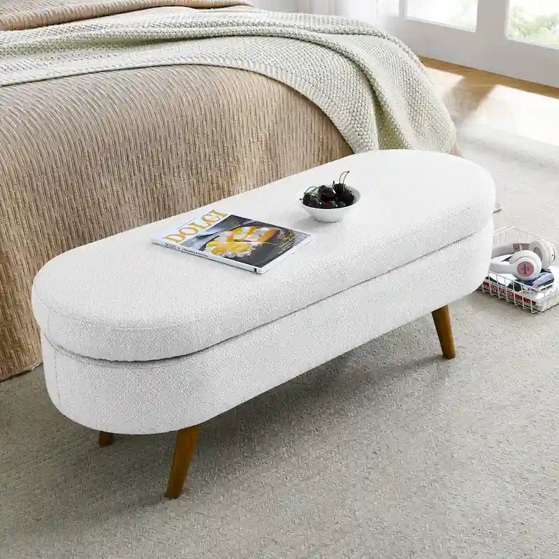 Oval Storage Bench with Rubber Wood Legs – Beige