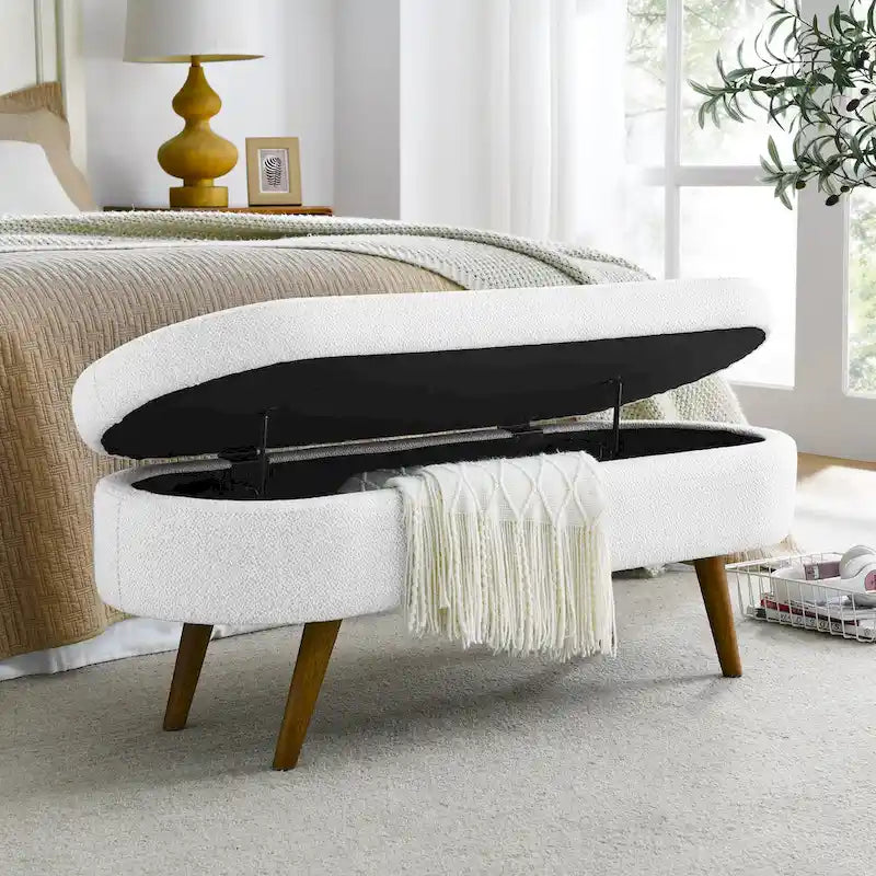 Oval Storage Bench with Rubber Wood Legs – Beige