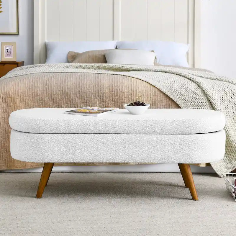 Oval Storage Bench with Rubber Wood Legs – Beige