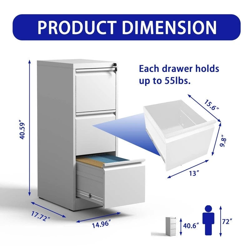 3-Drawer Metal Vertical Filing Cabinet with Lock – A4 / Legal / Letter Size