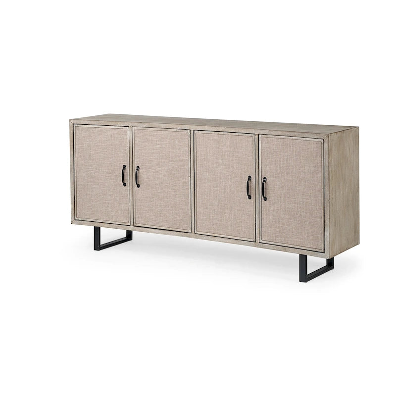 Brown Fir Veneer Sideboard with Fabric-Covered Cabinet Doors - 68.0L x 15.5W x 31.5H