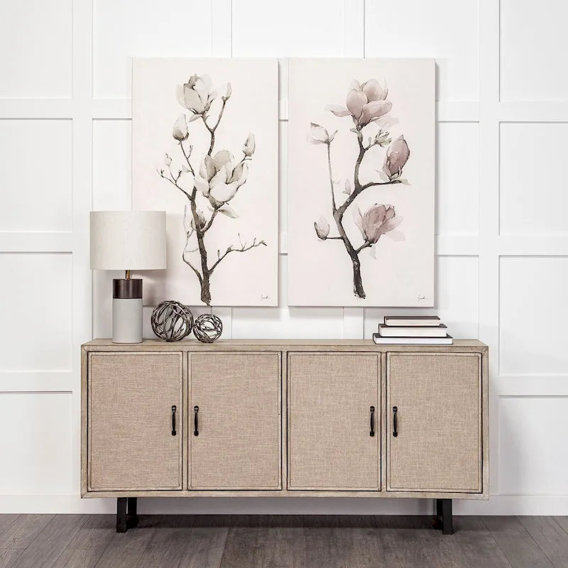 Brown Fir Veneer Sideboard with Fabric-Covered Cabinet Doors - 68.0L x 15.5W x 31.5H