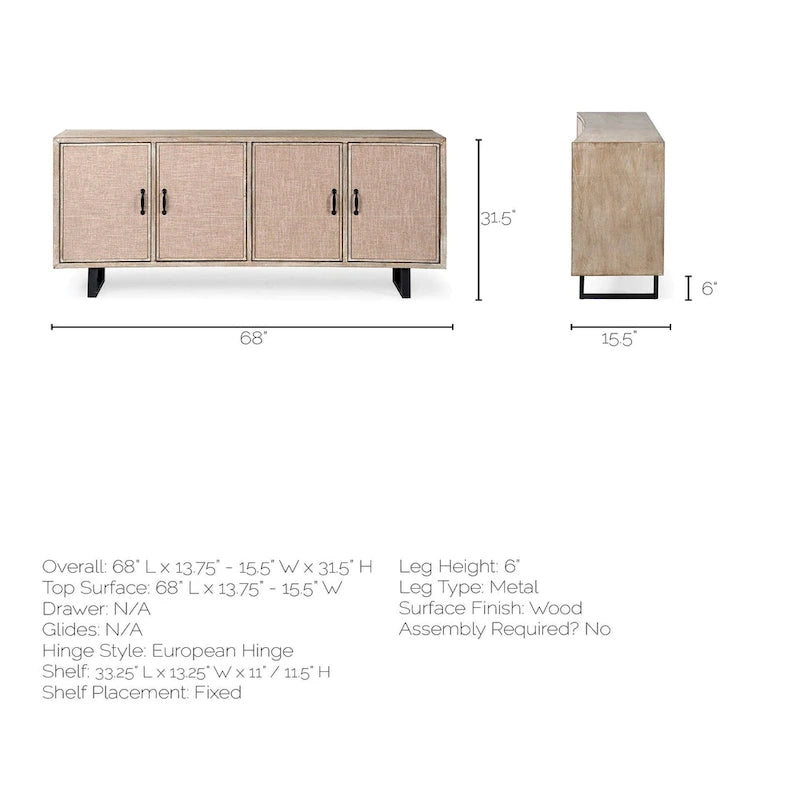 Brown Fir Veneer Sideboard with Fabric-Covered Cabinet Doors - 68.0L x 15.5W x 31.5H