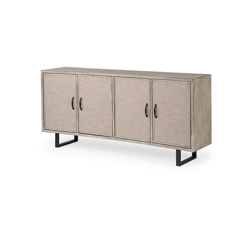 Brown Fir Veneer Sideboard with Fabric-Covered Cabinet Doors - 68.0L x 15.5W x 31.5H